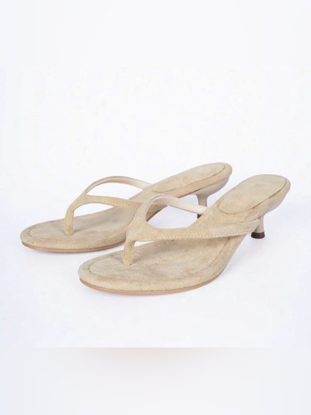 Beige Suede Thong Kitten Heel Sandals - Women